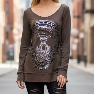 Lauren Moshi Silver Chain Skull Graphic Knit Top SZ XS Grey